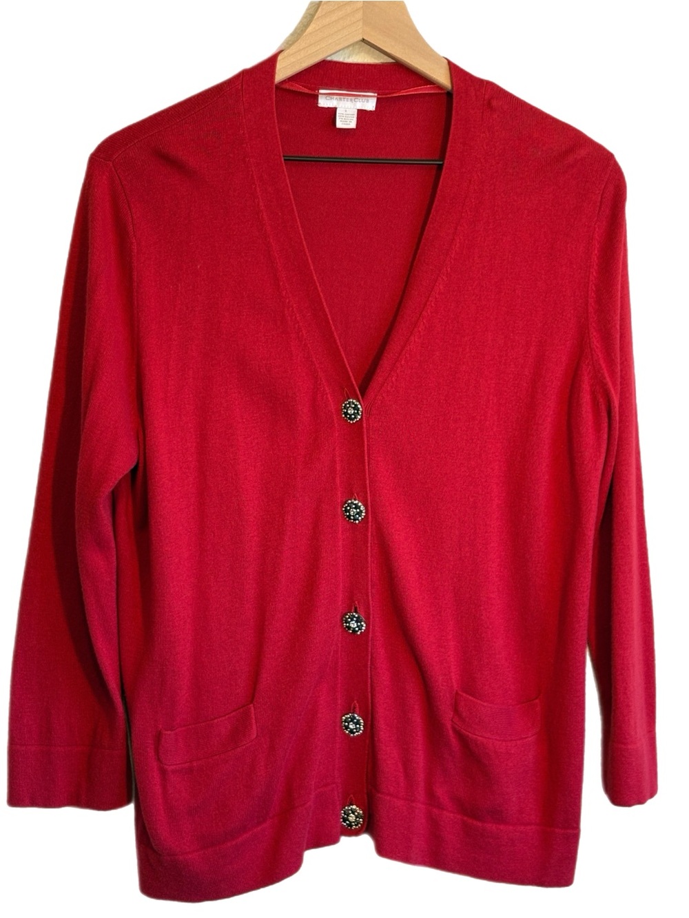 Charter Club Red Cotton Blend V-Neck Rhinestone Button Front Cardigan L Preppy